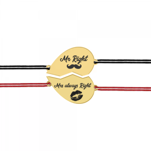 Set bratari argint cuplu inimioare 16 mm si snur negru (M) si rosu (F) (2 bucati incluse) - personalizate cu text - placate cu aur galben de 24 karate